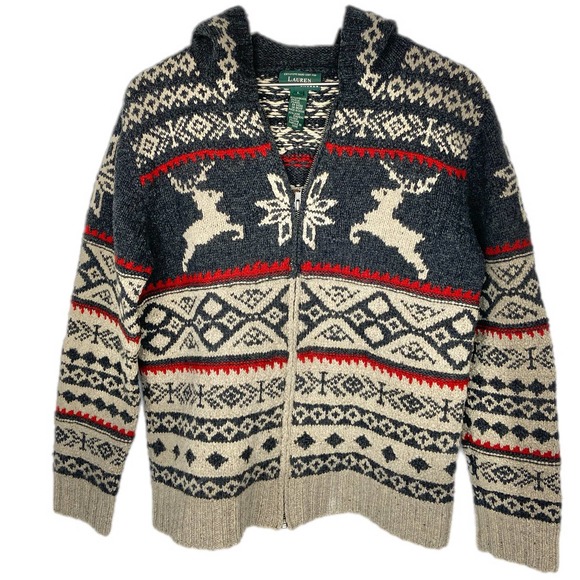 Ralph Lauren Sweaters - Lauren Ralph Lauren Knit Lambswool Blend Fair Isle Zip Up Hooded Sweater -WomenL